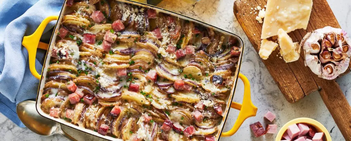 A nice big dish of ham and parmesan scalloped potatoes.