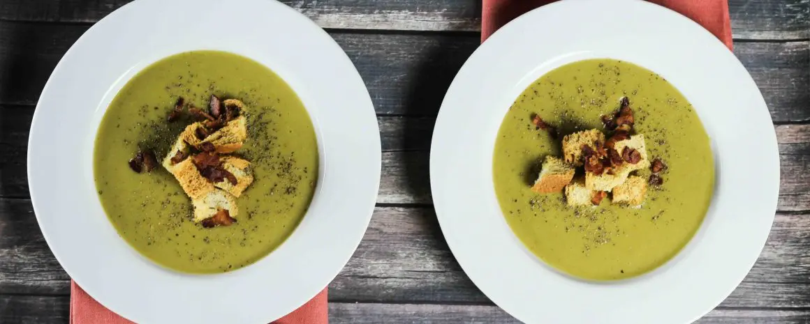 Potato leek soup with bacon croutons.