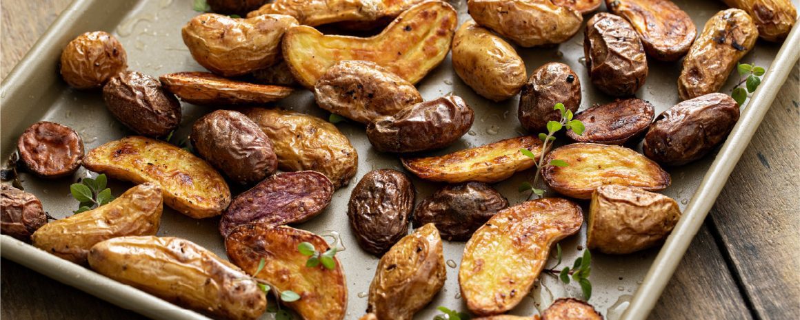 A roasting tray of fingerling fries.