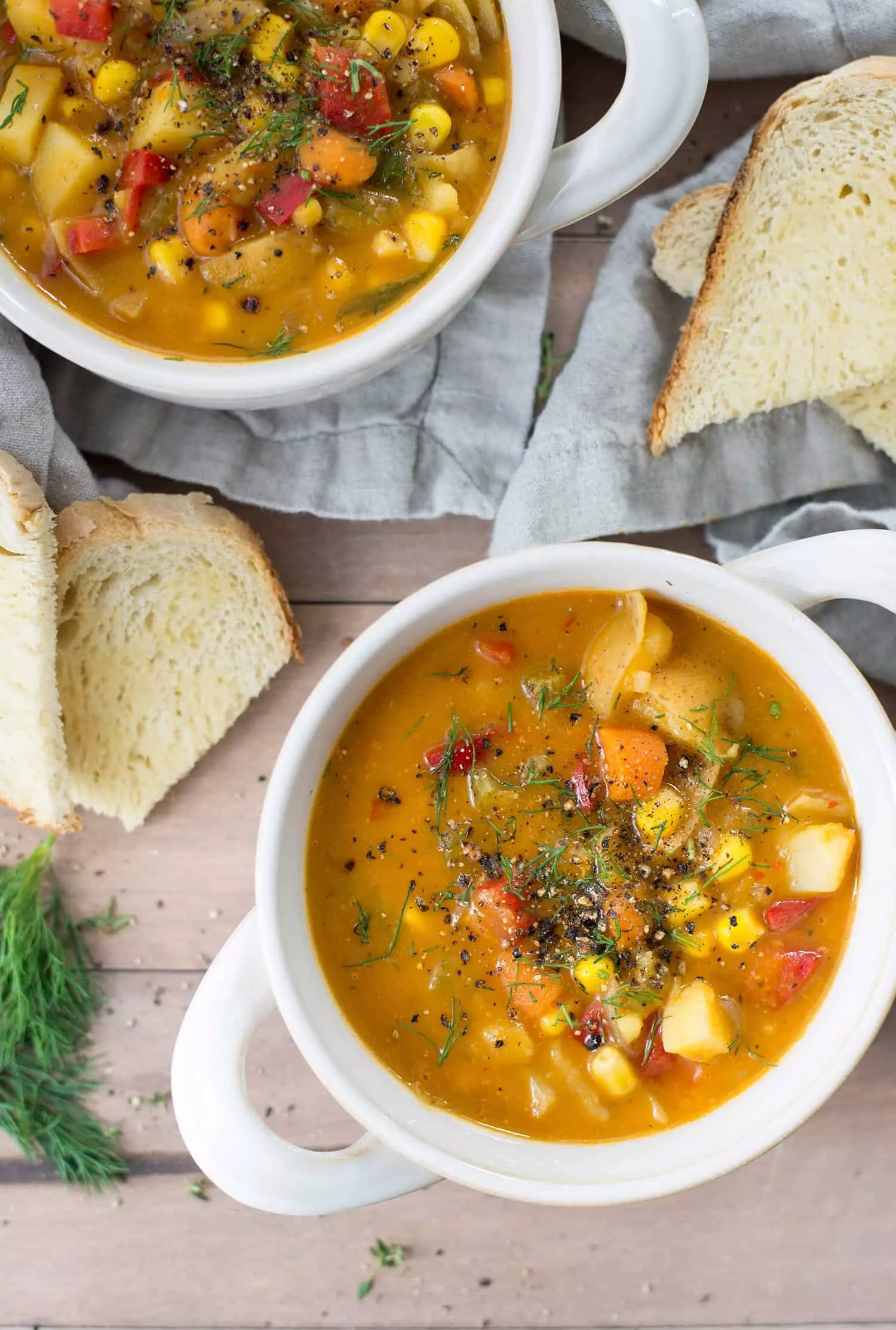 Vegetable and potato chowder in little bowls.