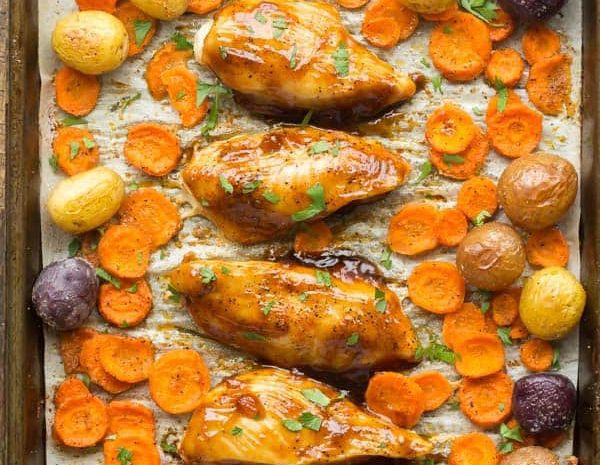 Apricot chicken sheet pan dinner.