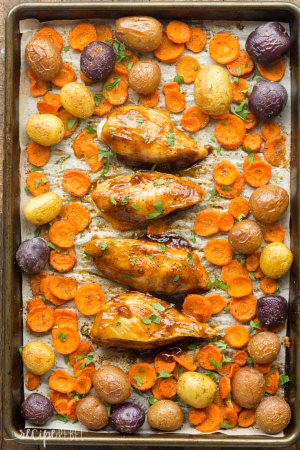 Apricot chicken sheet pan dinner.