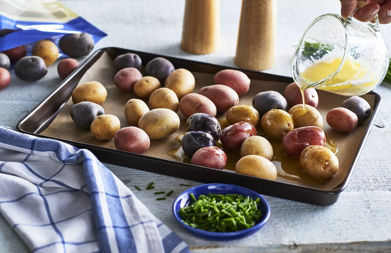 Baking sheet of little potatoes.