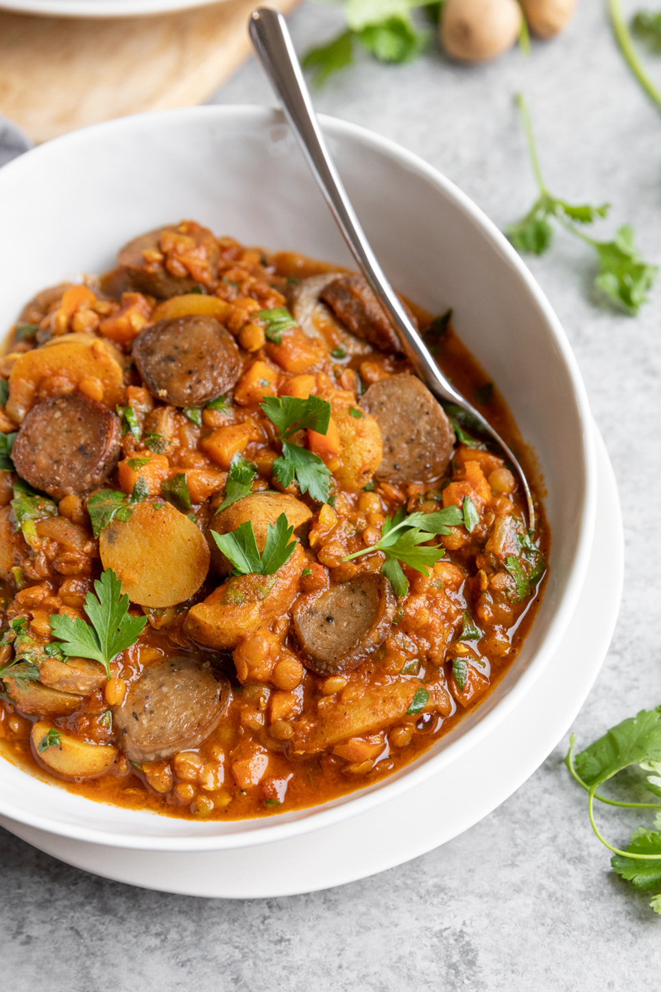 A bowl of Lentil, Potato, and Sausage Stew.
