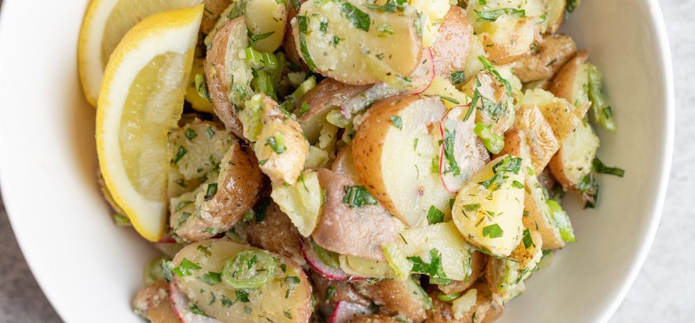 A bowl of Lemon Potato Salad.