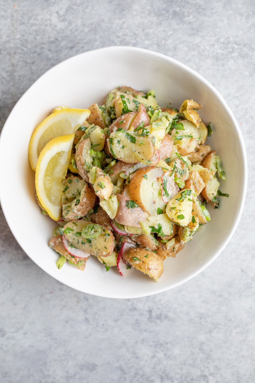 A bowl of Lemon Potato Salad.
