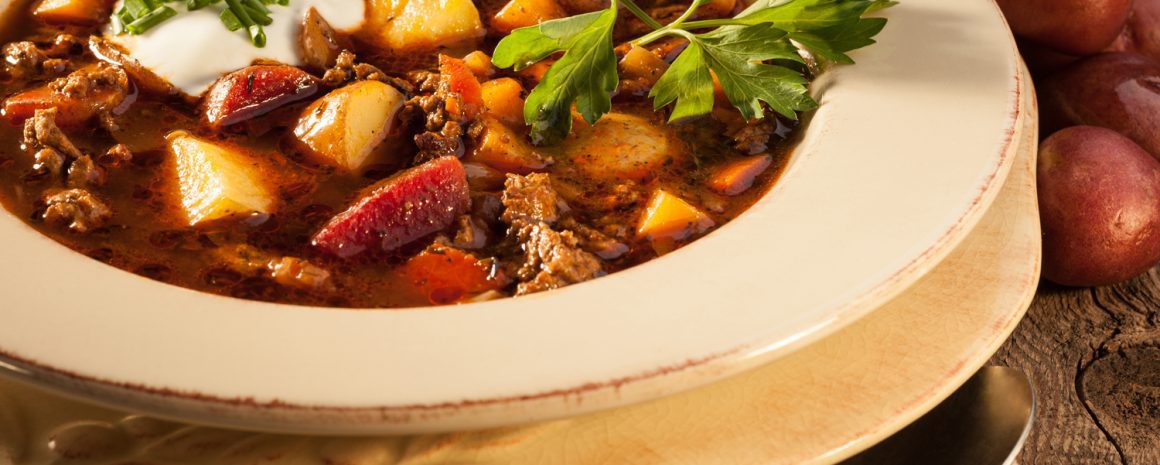 A bowl of beef borscht