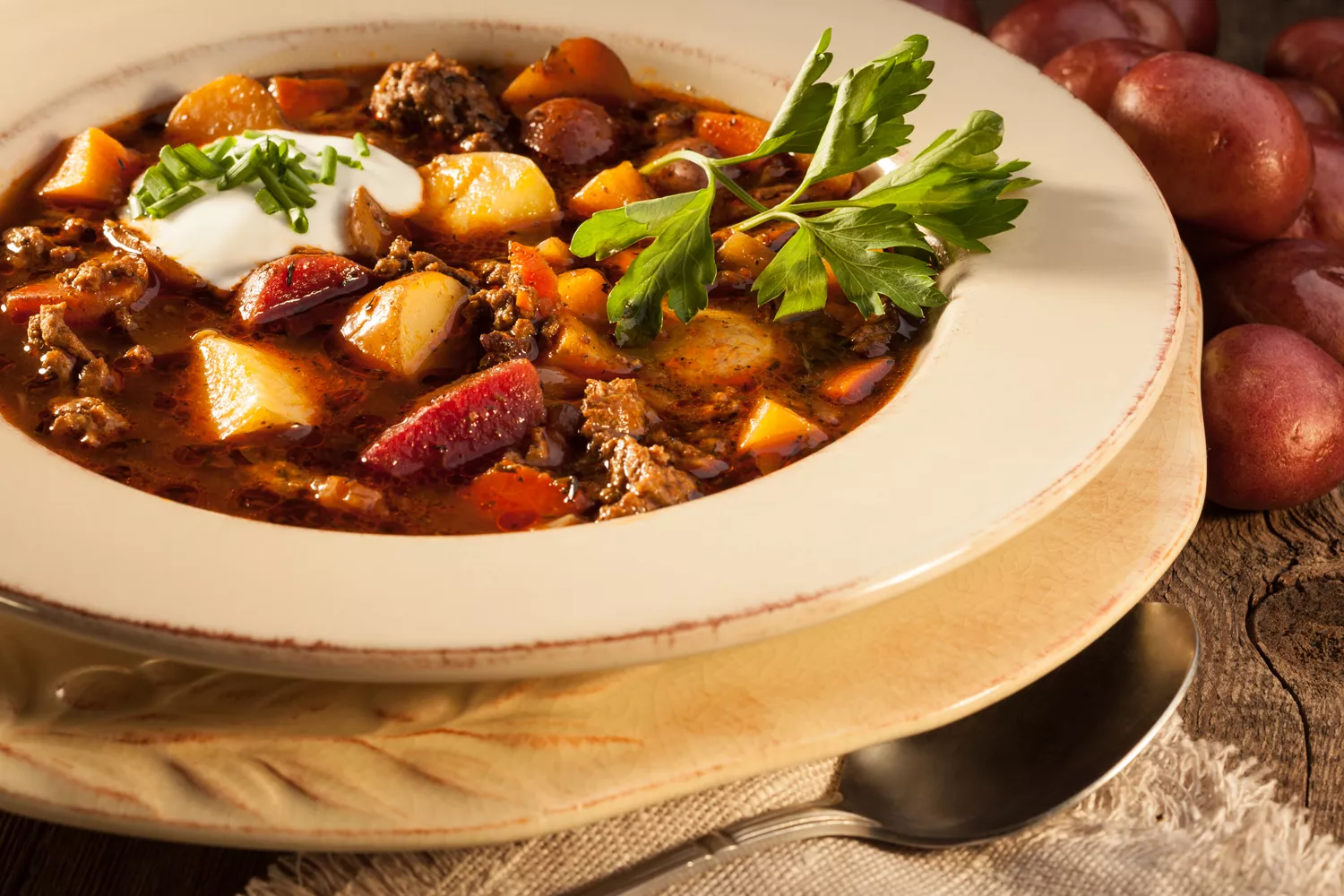 A bowl of beef borscht