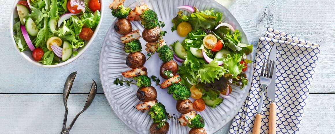 Shrimp Broccoli and Potato Skewers