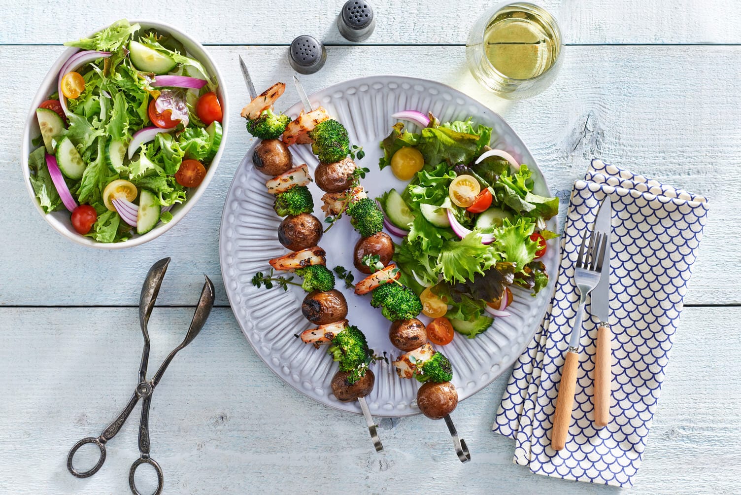 Shrimp Broccoli and Potato Skewers