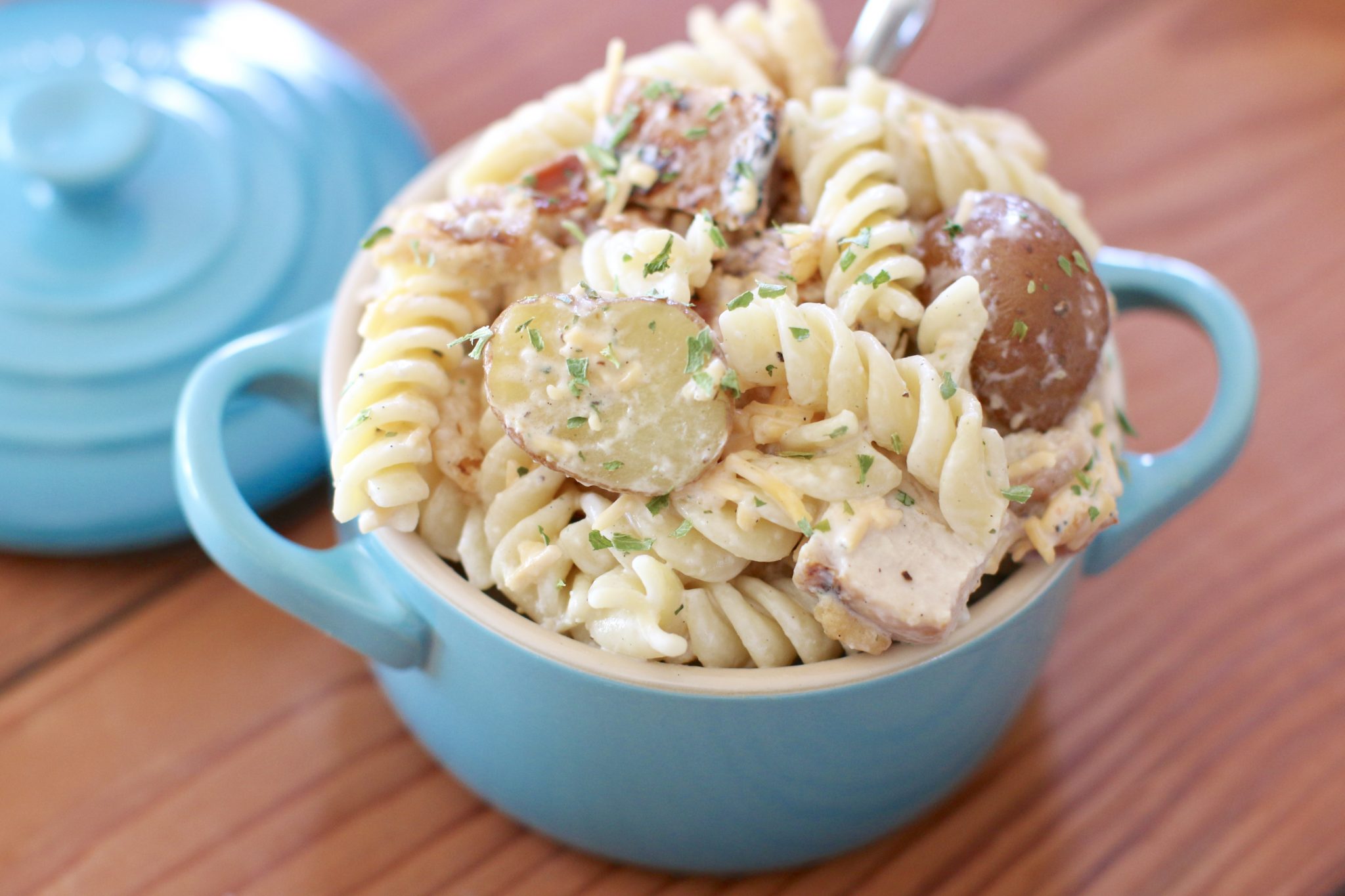 Chicken bacon Ranch potato pasta salad.