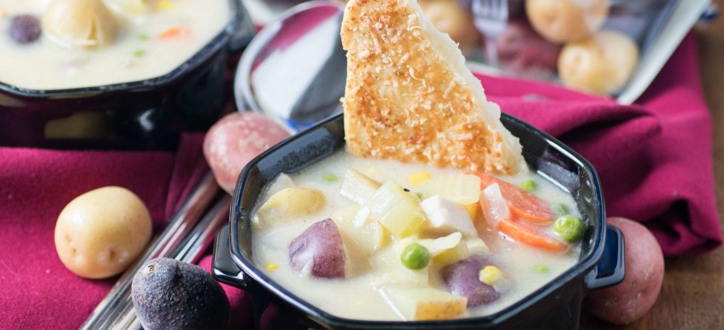 A bowl of chicken pot pie soup.