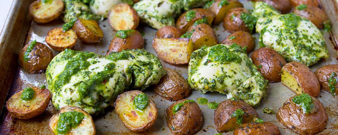 Chimichurri chicken and potato sheet pan meal.