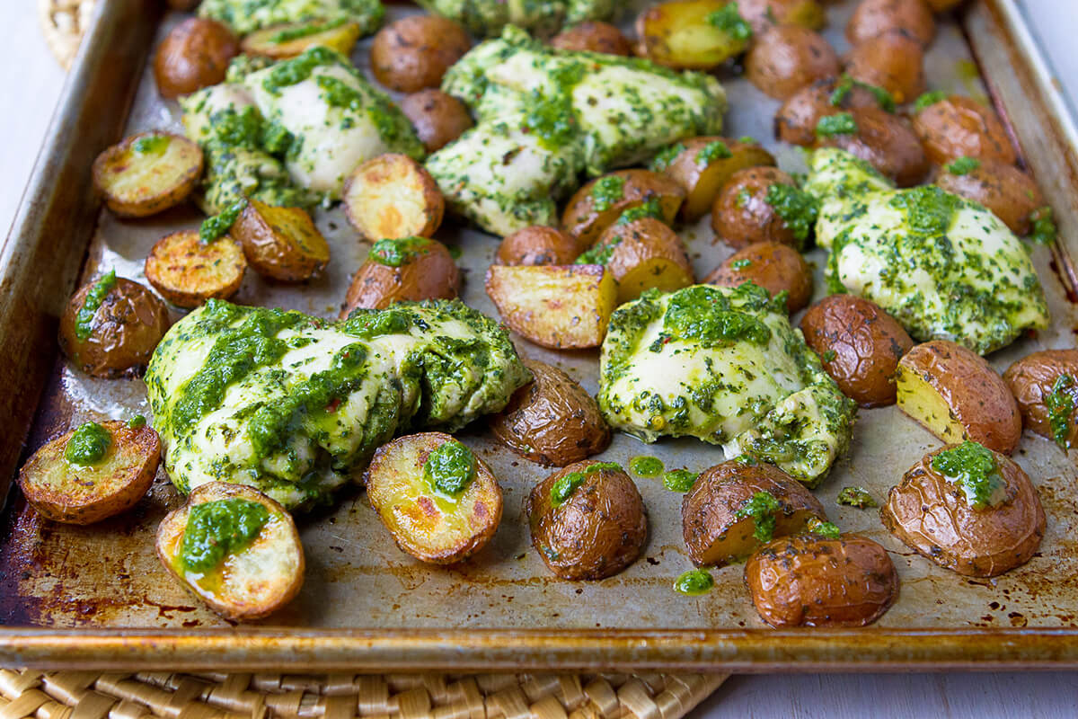 Chimichurri chicken and potato sheet pan meal.