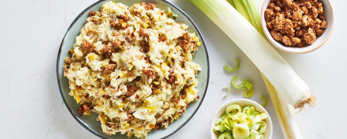 Chorizo and leek mashed potatoes in a nice little bowl.