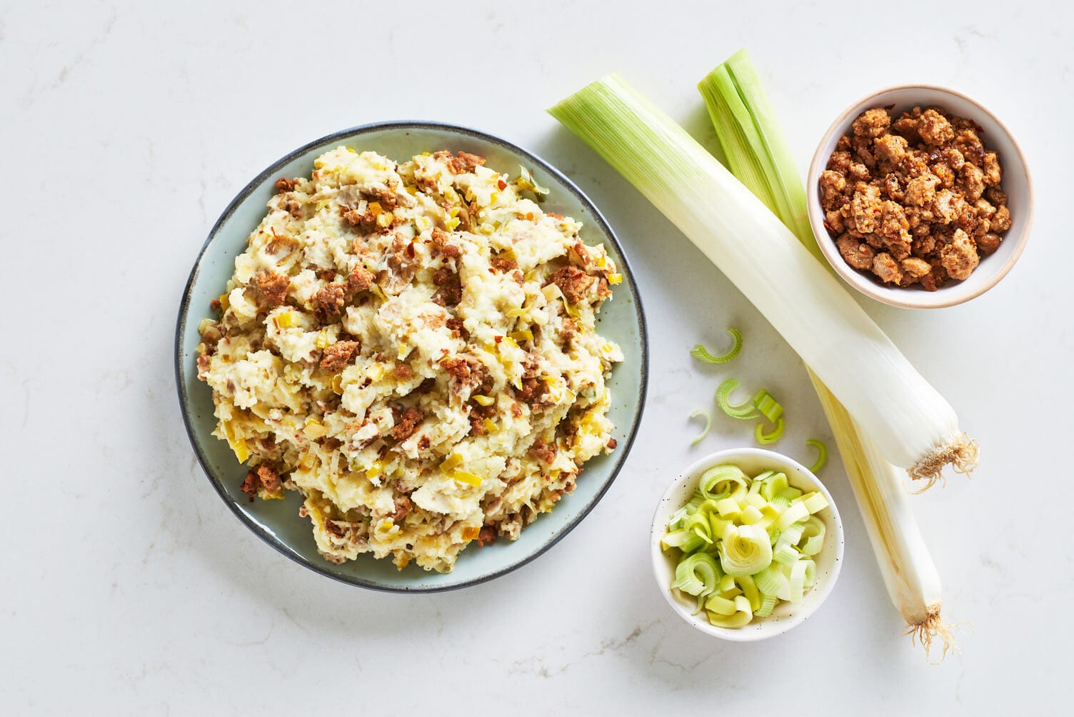 Chorizo and leek mashed potatoes in a nice little bowl.