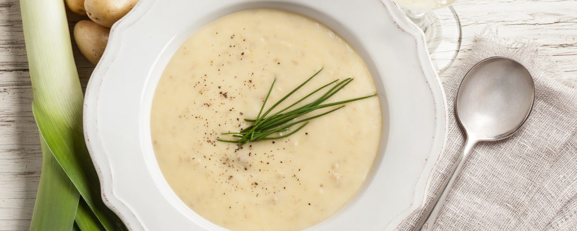 A bowl of little potato and leek soup