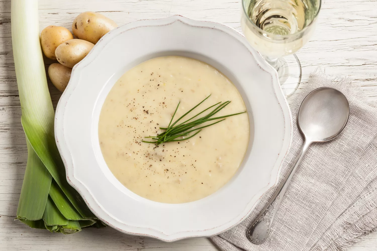 A bowl of little potato and leek soup