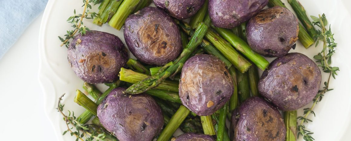 Garlic roasted potatoes with thyme and asparagus.