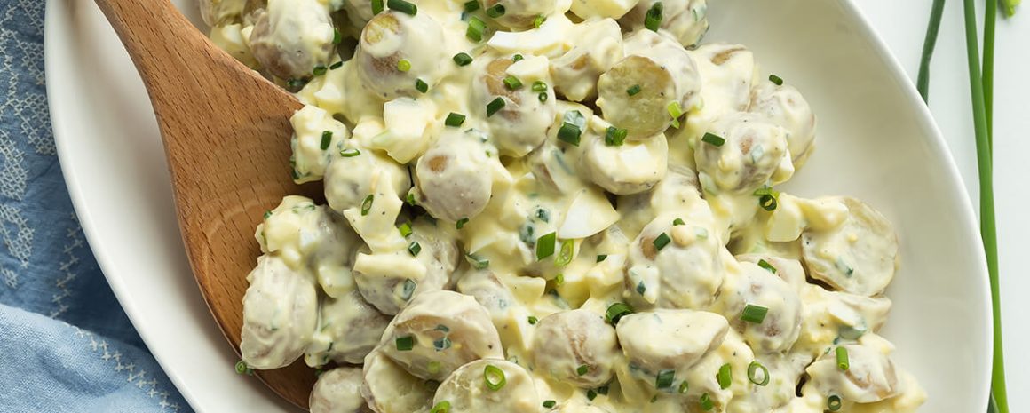 Greek yogurt potato salad in a bowl.