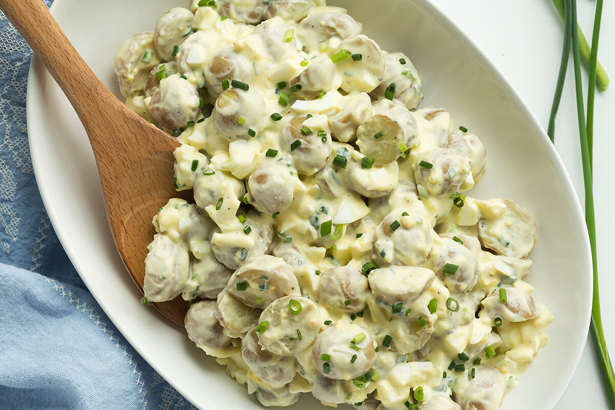 Greek yogurt potato salad in a bowl.