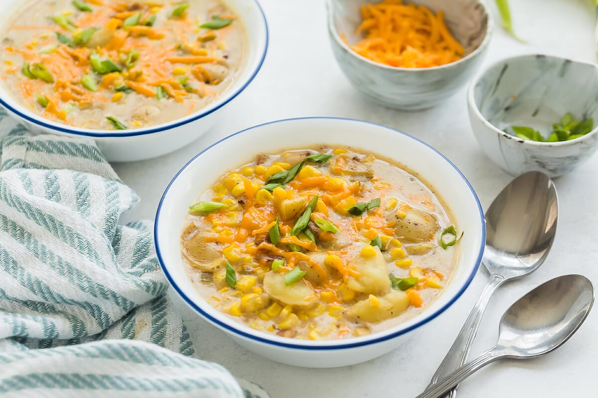 Bowls of Instant Pot Corn Chowder.