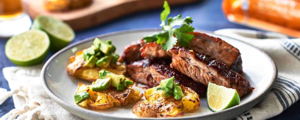 A plate of chili lime smashed potatoes