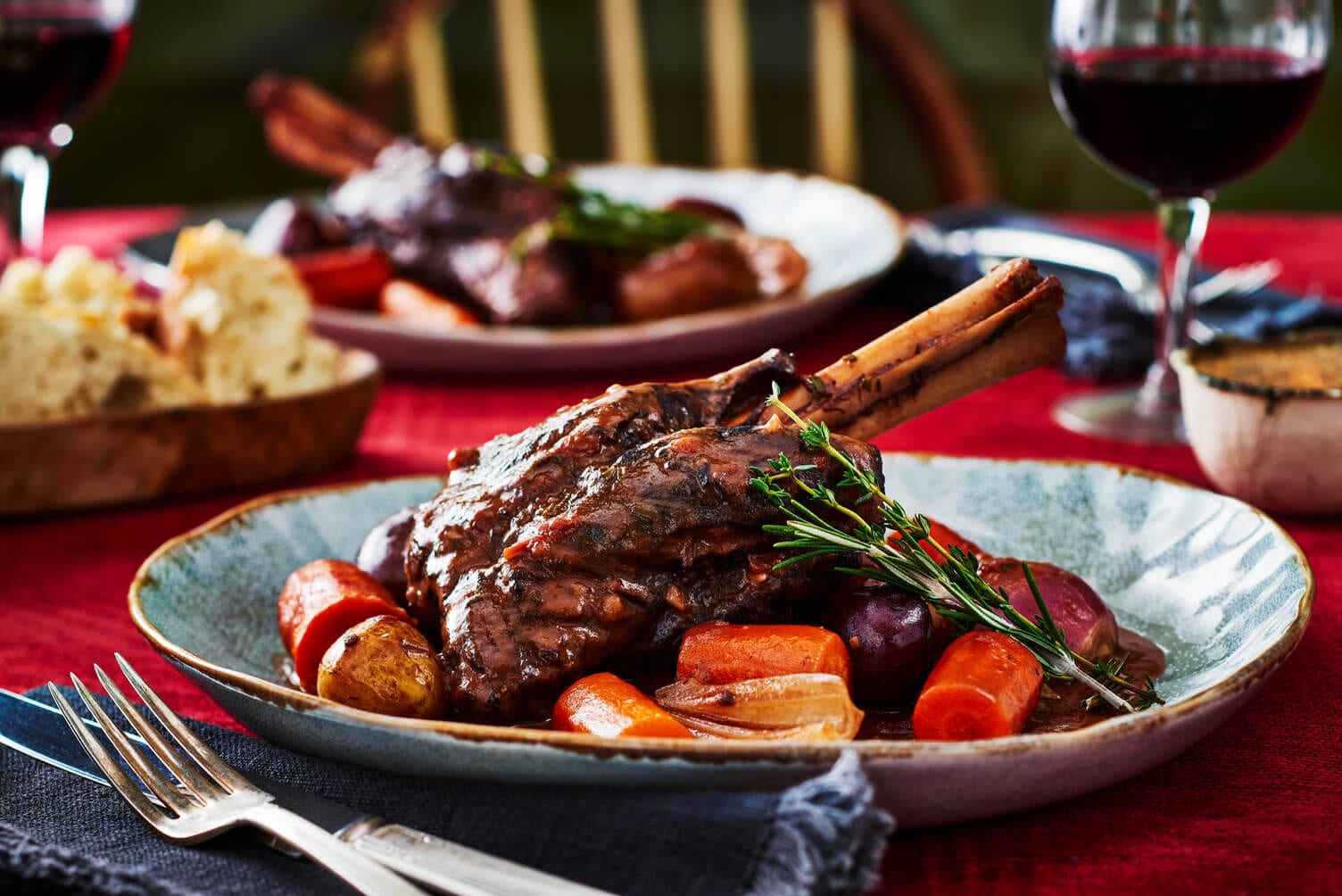 Lamb shank with potatoes.