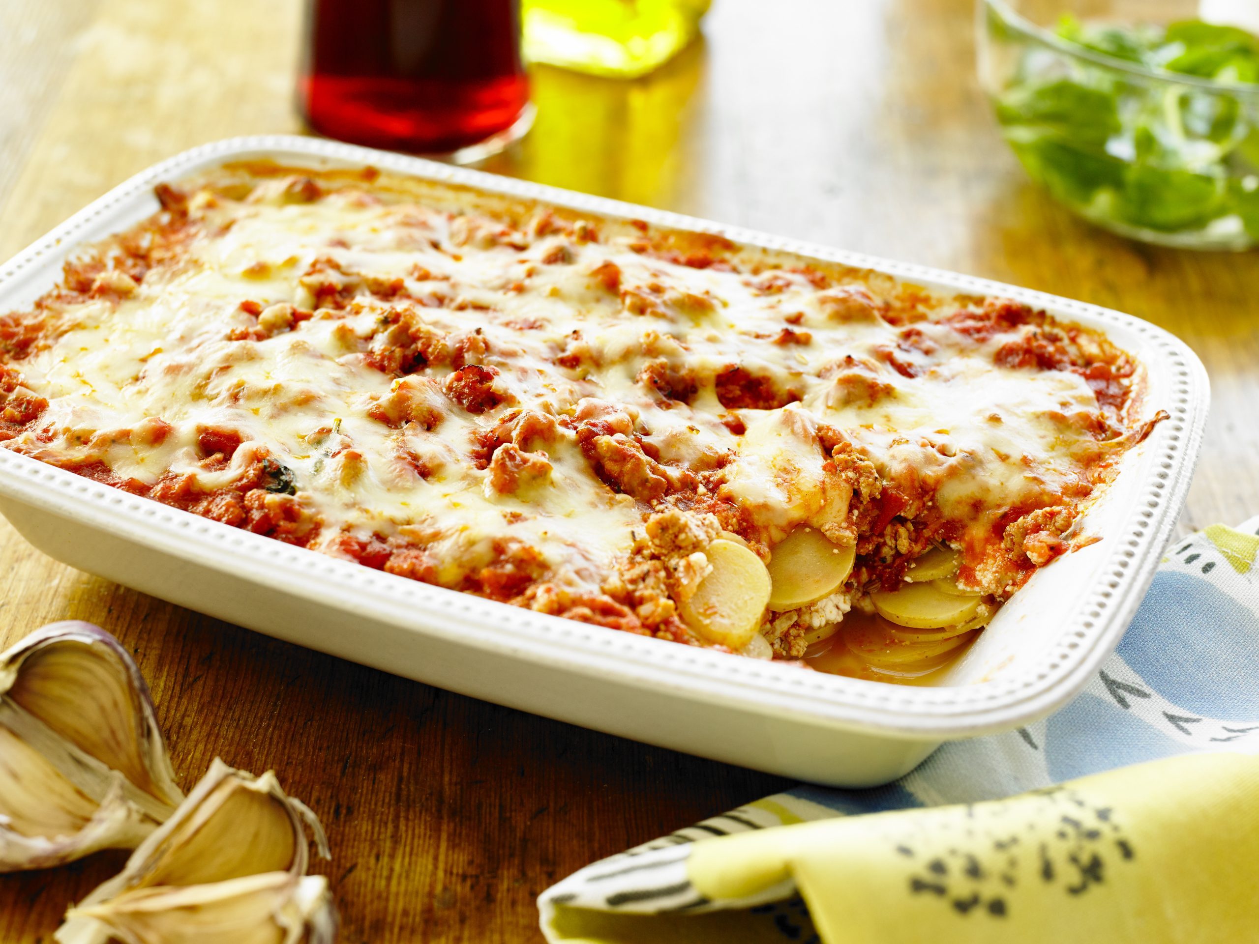 Creamy potato lasagna in a casserole dish.