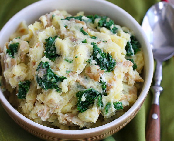 Mashed potatoes with kale and goat cheese.