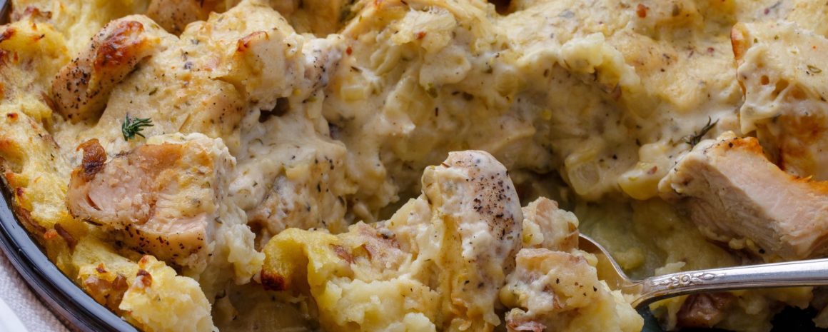 Mashed potato chicken pie in a serving dish.