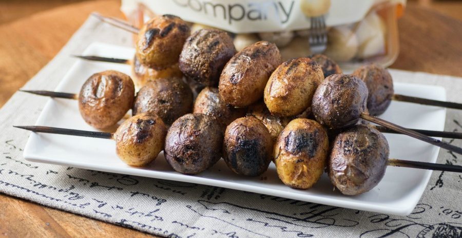 Little Potatoes skewered on a wooden skewers.