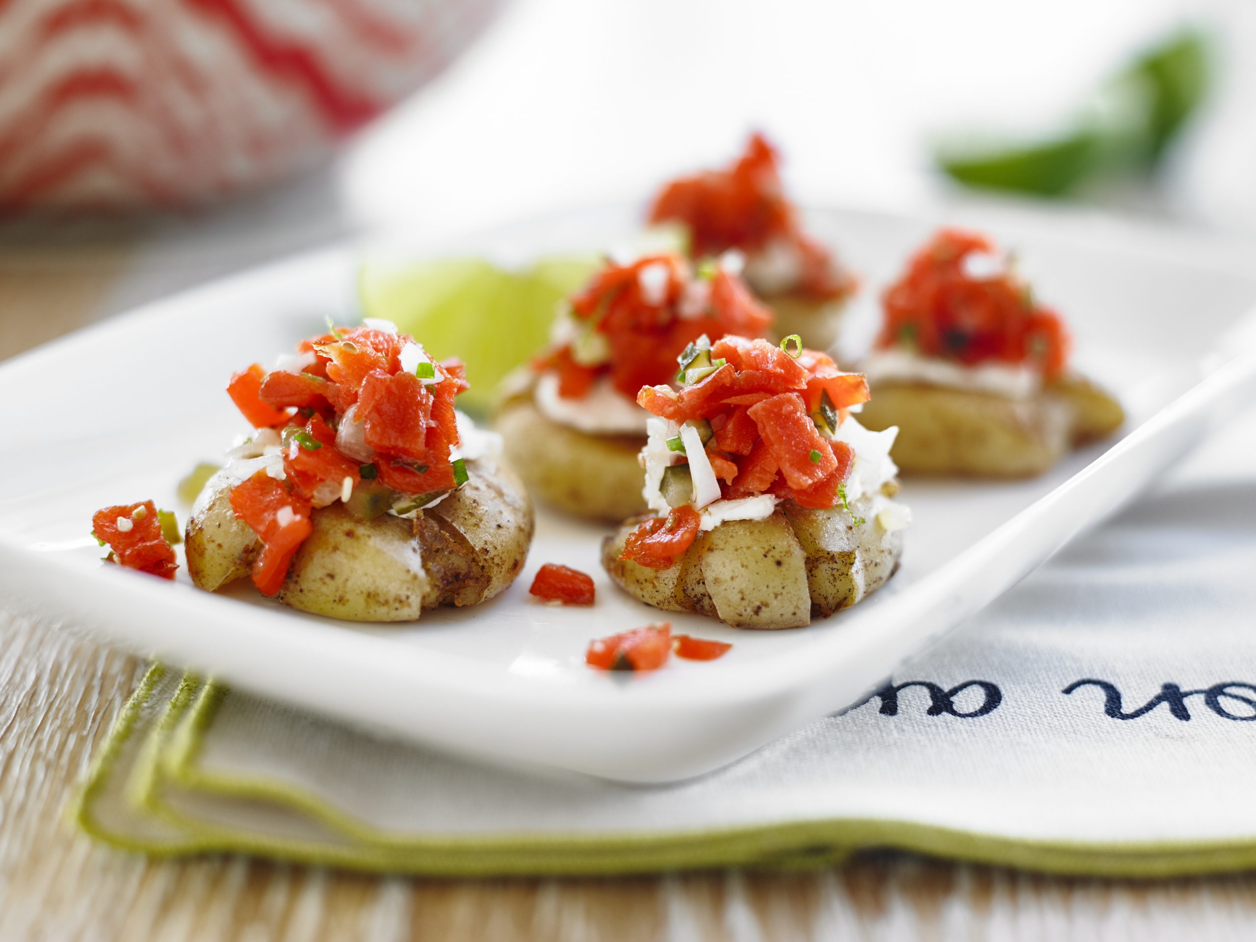 Smashed little potatoes topped with yummy smoked salmon.