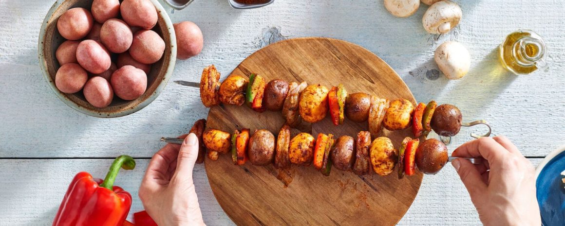 Mushroom potato and red pepper skewers.