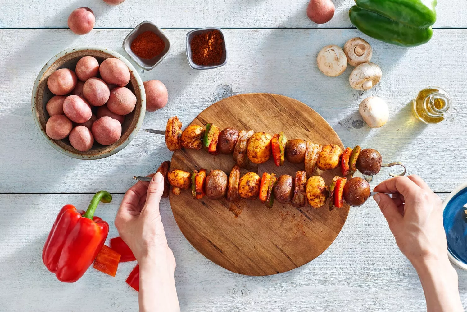 Mushroom potato and red pepper skewers.