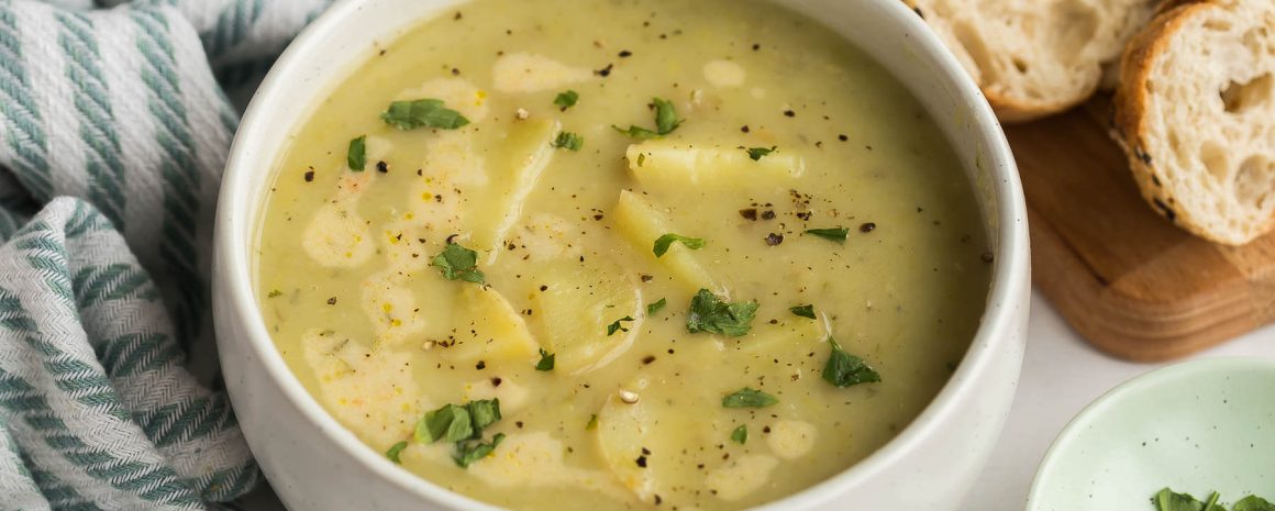 A delicious and comfy bowl of potato leek soup.