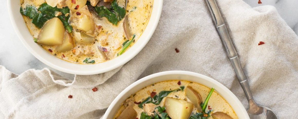 Potato spinach and vegan sausage soup.