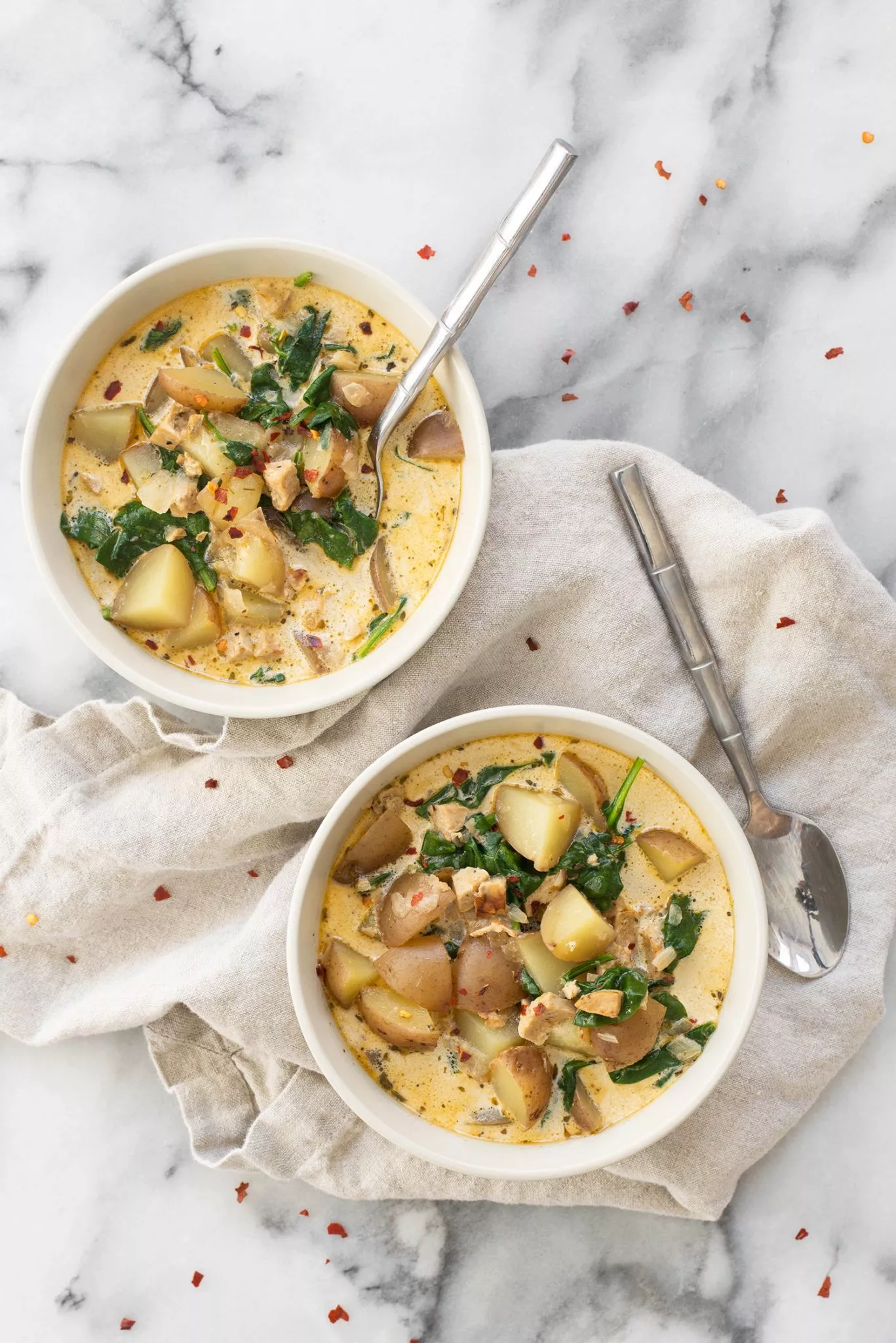 Potato spinach and vegan sausage soup.