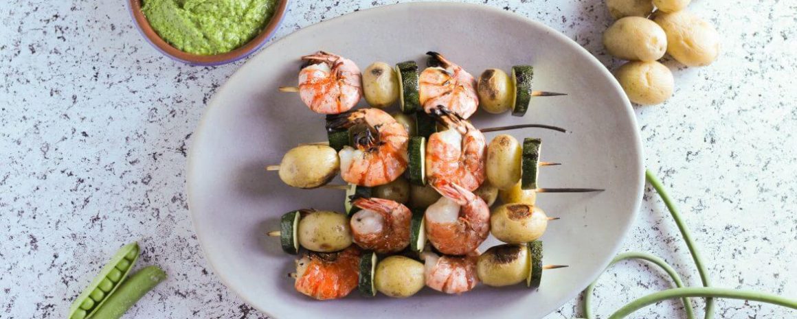 Potato and shrimp skewers.