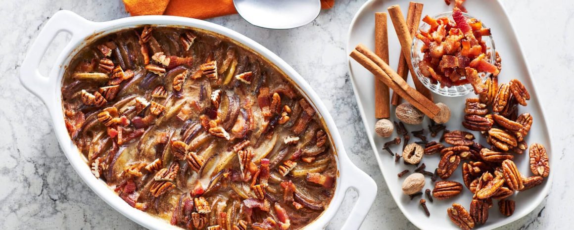 A nice big delicious dish of pumpkin spice scalloped potatoes.