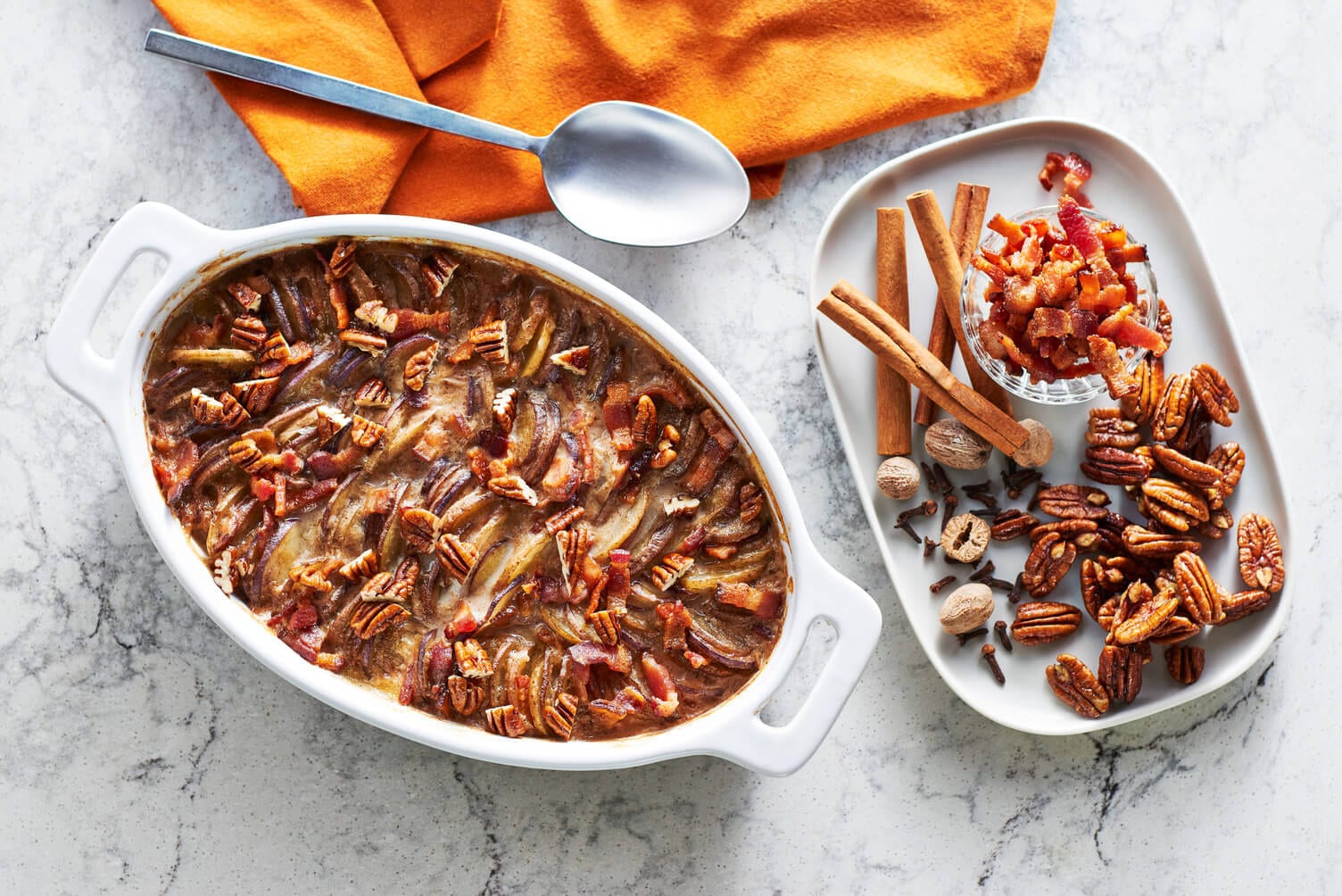 A nice big delicious dish of pumpkin spice scalloped potatoes.