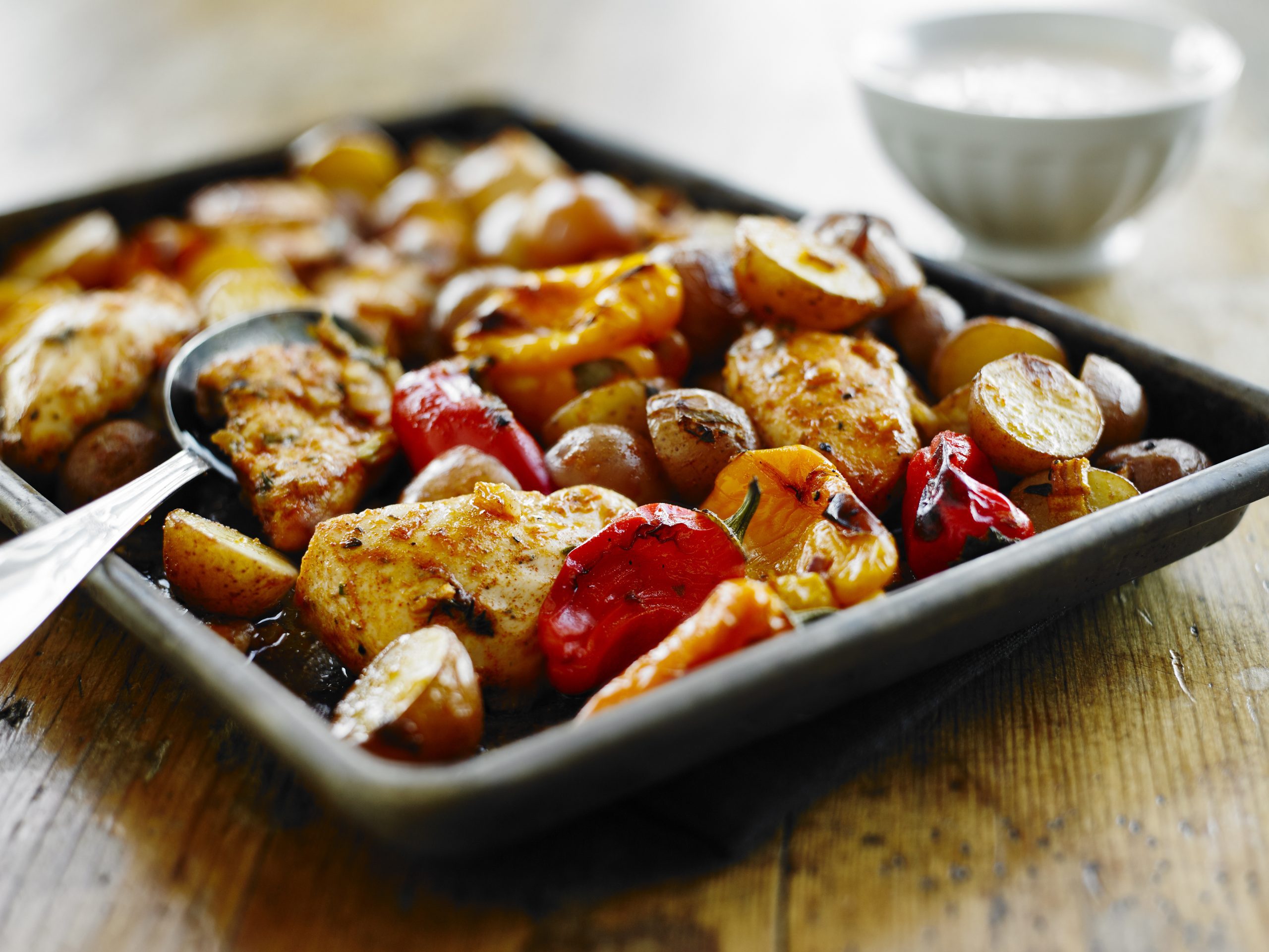 One-pan roasted jerk chicken and potatoes.