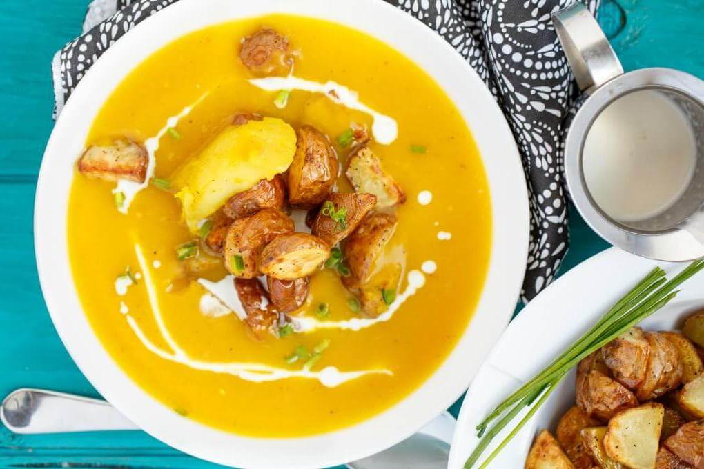 Roasted apple pumpkin soup with potatoes.