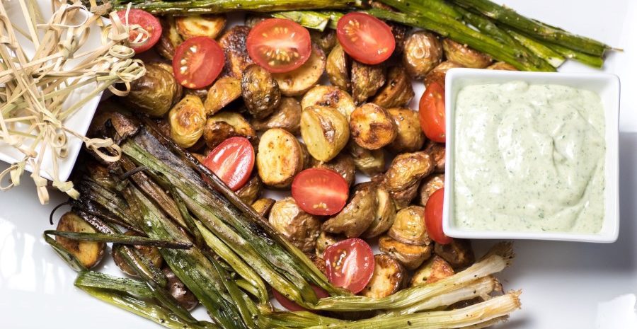 Roasted veggies with green goddess dressing.