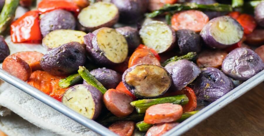 Roasted sheet pan potatoes and sausages.