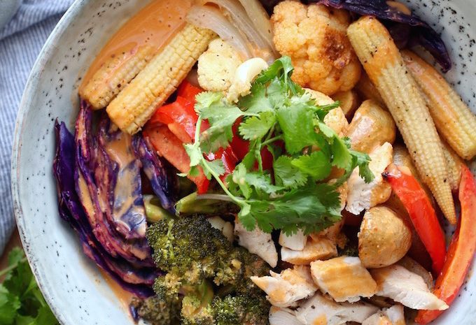 A sheet pan Thai peanut curry bowl.