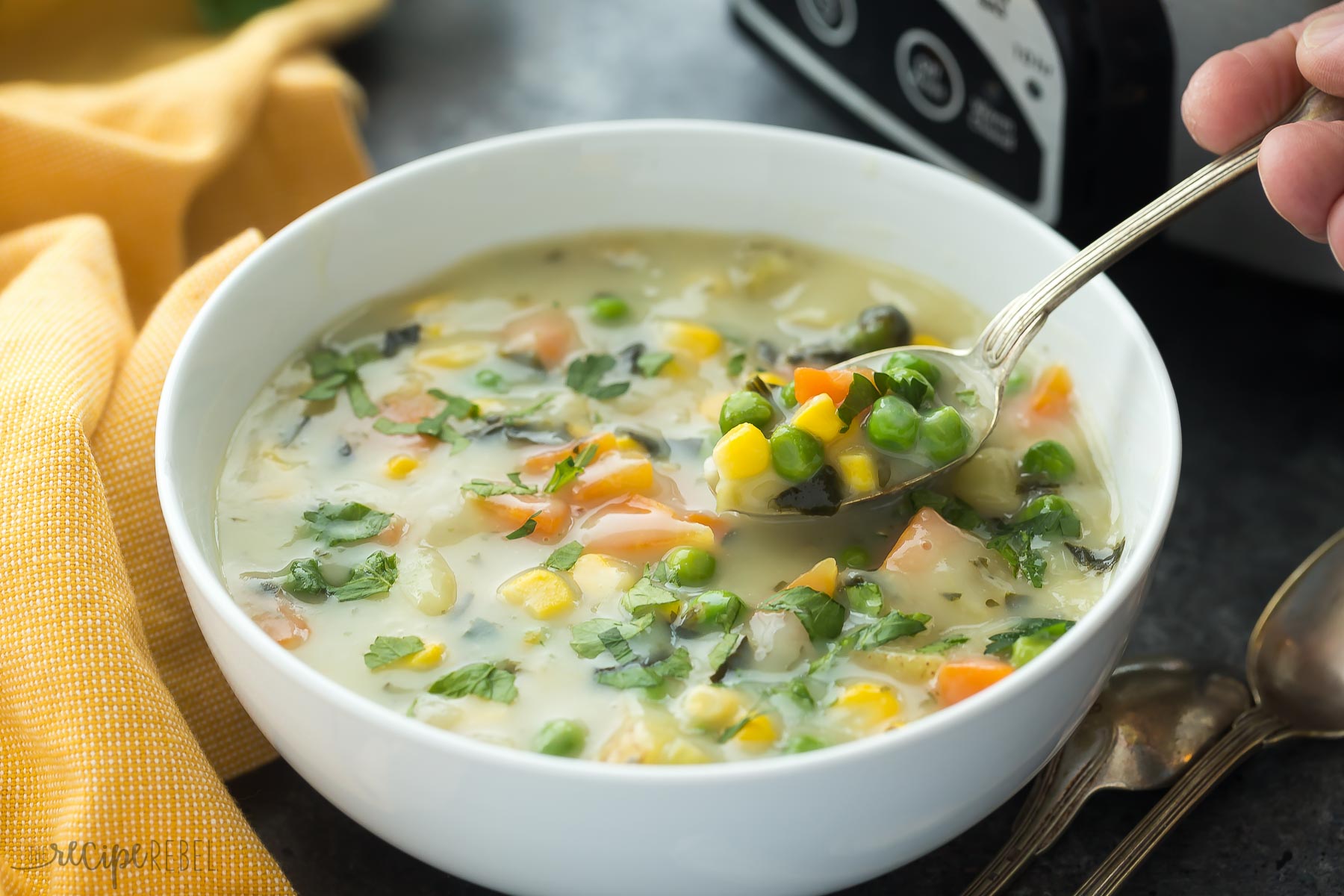 Creamy veggie soup in a bowl.