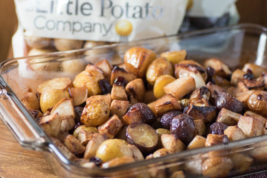 Slow roasted veggies in a glass baking dish.