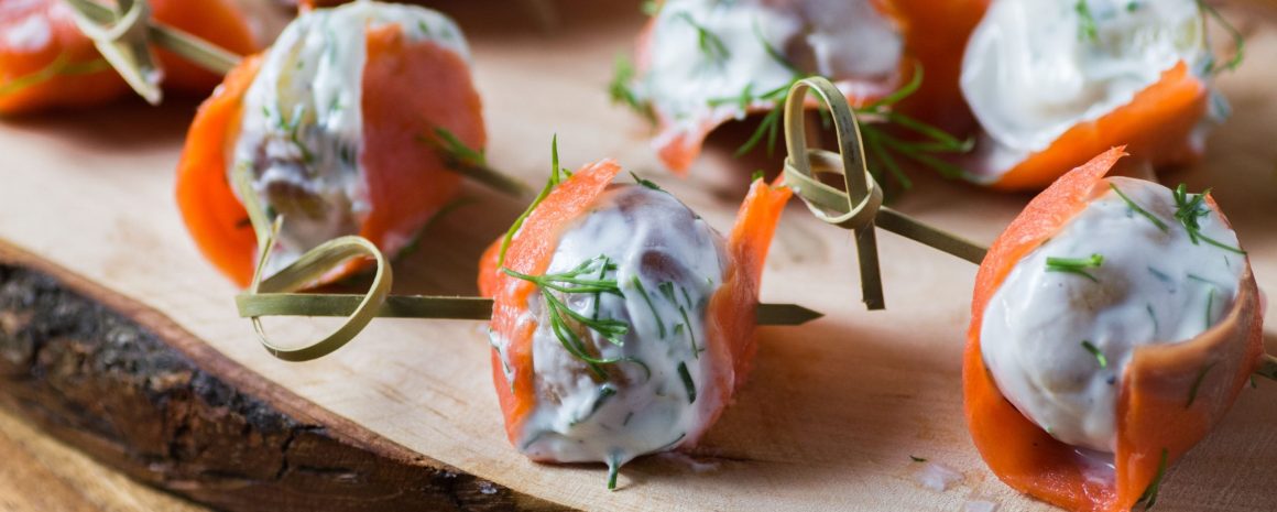 Smoked salmon wrapped dill chive potatoes.