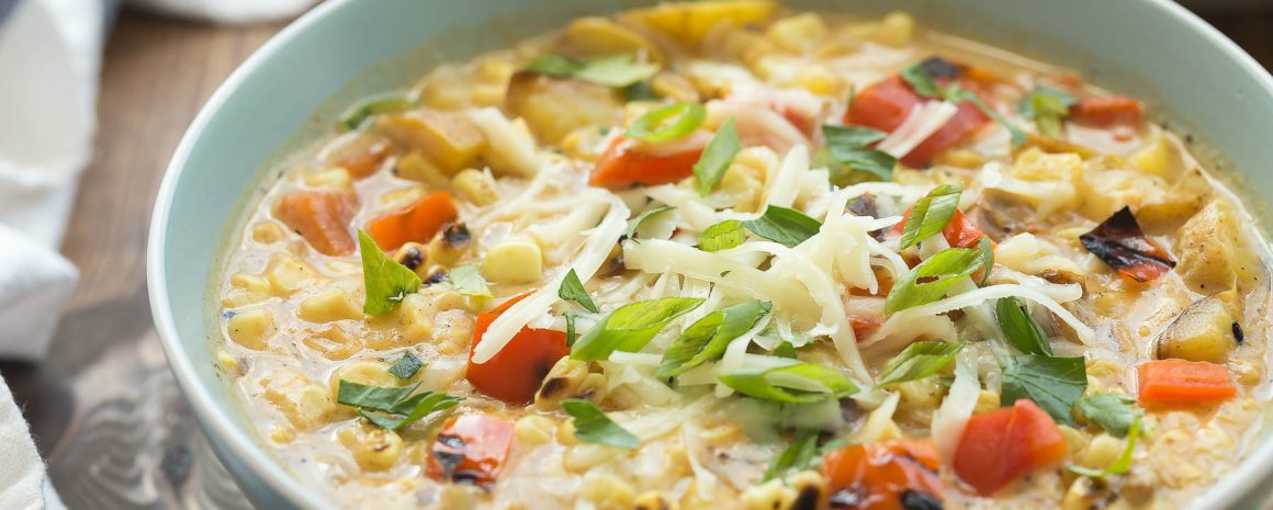 A bowl of smoky southwestern potato and corn chowder.